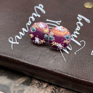 Vintage 1970s Purple Floral Glass Cabochon Earrings Stainless Steel